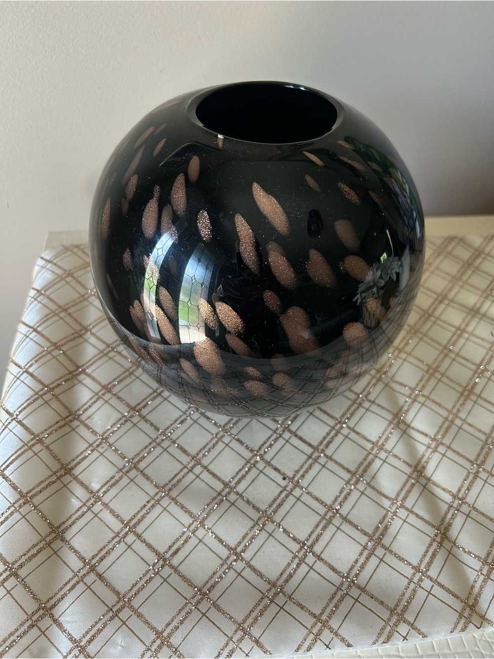 Black Glass Decorative Orb Vase with Copper Fleck Accents